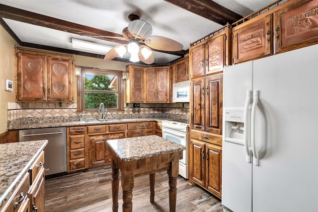 268 Margate, Chesnee, SC 29323 - kitchen featuring white appliances, a sink, dark wood-style floors, tasteful backsplash, and a textured ceiling