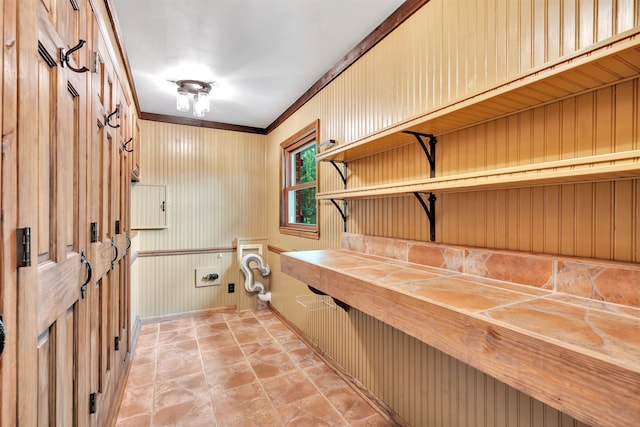 268 Margate, Chesnee, SC 29323 - laundry room with hookup for an electric dryer, light stone finish flooring, and ornamental molding
