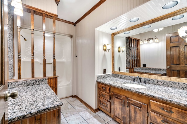 268 Margate, Chesnee, SC 29323 - full bath with vanity, tile patterned flooring, crown molding, baseboards, and vaulted ceiling