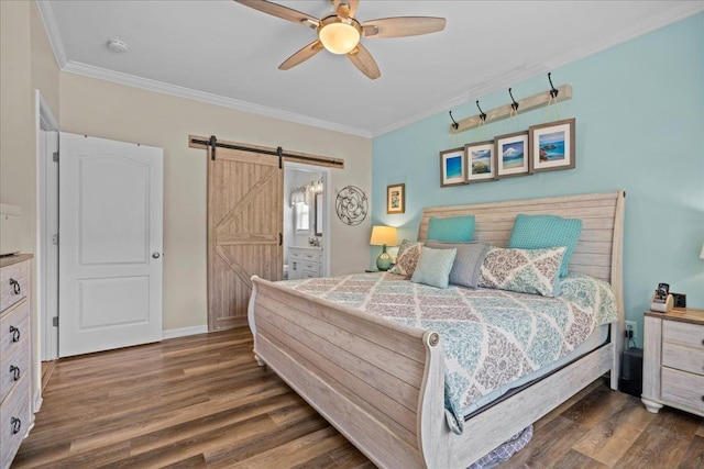 1044 Merlot, Moore, SC 29369 - bedroom with a barn door, ornamental molding, dark wood-style flooring, a ceiling fan, and ensuite bathroom