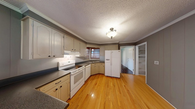 181 Peach, Inman, SC 29349 - kitchen featuring white appliances, under cabinet range hood, dark countertops, light wood-type flooring, and crown molding