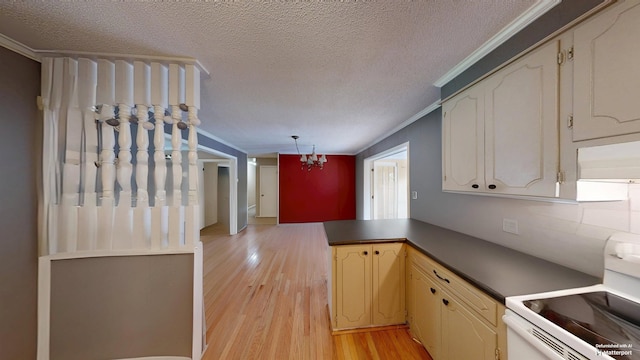 181 Peach, Inman, SC 29349 - kitchen with electric range, light wood-type flooring, a peninsula, a chandelier, and crown molding