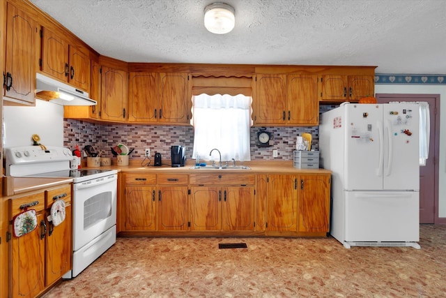 109 Pinewood, Clinton, SC 29325 - kitchen with white appliances, under cabinet range hood, brown cabinets, decorative backsplash, and a textured ceiling