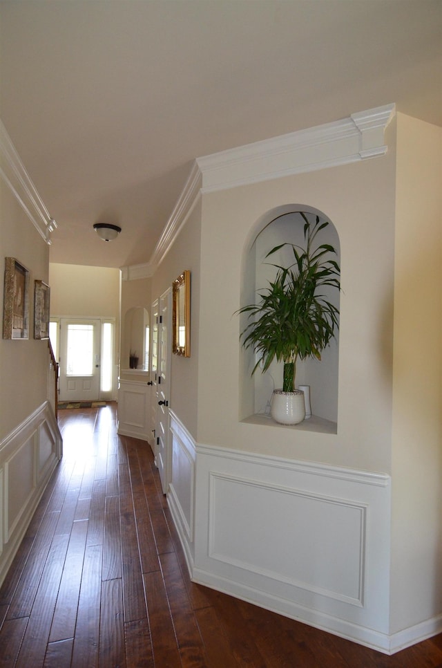 108 Dillard Crk, Greer, SC 29651 - hallway featuring ornamental molding, dark wood-style floors, and wainscoting