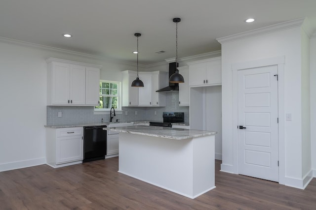 103 Cedar Fls, Fountain Inn, SC 29644 - kitchen featuring black appliances, wall chimney range hood, white cabinetry, crown molding, and recessed lighting
