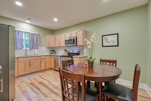627 Branch, Woodruff, SC 29388 - kitchen featuring stainless steel appliances, light brown cabinetry, light wood finished floors, backsplash, and recessed lighting