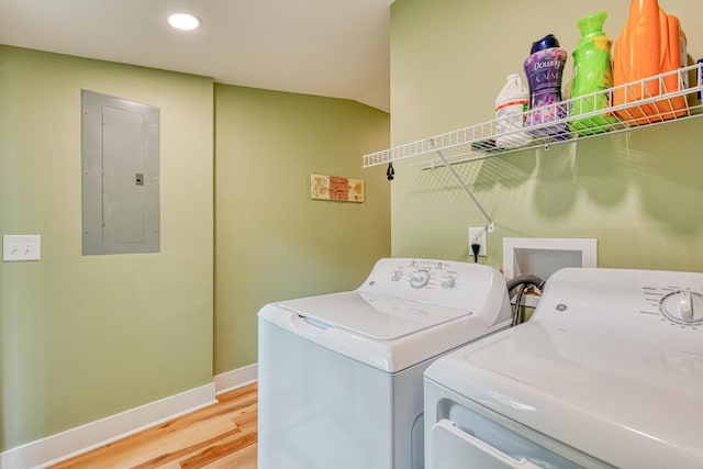 627 Branch, Woodruff, SC 29388 - laundry room featuring electric panel, independent washer and dryer, light wood finished floors, and recessed lighting