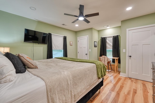 627 Branch, Woodruff, SC 29388 - bedroom with light wood-type flooring, recessed lighting, ceiling fan, and access to outside