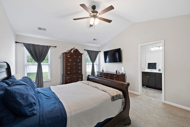 259 Millen, Woodruff, SC 29388 - bedroom with light carpet, multiple windows, lofted ceiling, ensuite bathroom, and ceiling fan