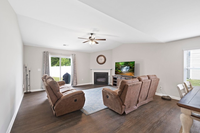 259 Millen, Woodruff, SC 29388 - living area with dark wood-style flooring, a fireplace with flush hearth, ceiling fan, and lofted ceiling