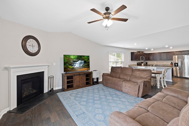 259 Millen, Woodruff, SC 29388 - living room featuring a ceiling fan, dark wood-style flooring, vaulted ceiling, recessed lighting, and a glass covered fireplace