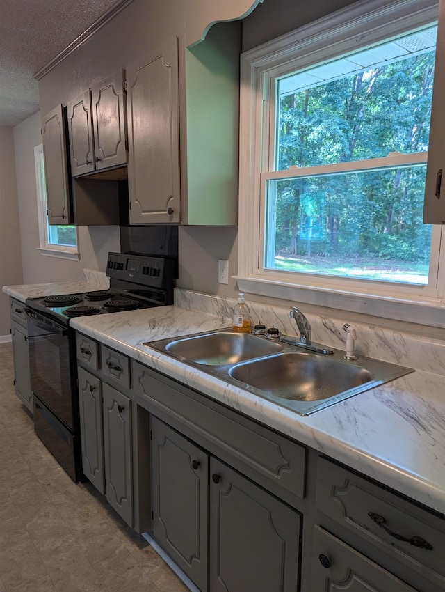 126 Loblolly, Wellford, SC 29385 - kitchen with black range with electric stovetop, a textured ceiling, light countertops, and gray cabinets