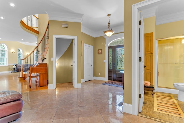 410 Anchorage, Inman, SC 29349 - entrance foyer with ornamental molding, plenty of natural light, stairs, and recessed lighting