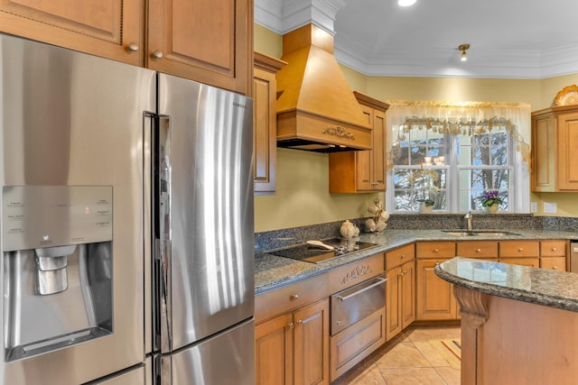 410 Anchorage, Inman, SC 29349 - kitchen with stainless steel fridge, custom range hood, black electric cooktop, a warming drawer, and dark stone countertops