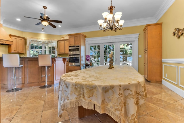 410 Anchorage, Inman, SC 29349 - dining room featuring french doors, a ceiling fan, a chandelier, and crown molding