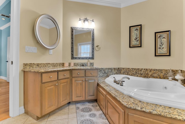 410 Anchorage, Inman, SC 29349 - bathroom featuring vanity, a whirlpool tub, ornamental molding, and tile patterned flooring