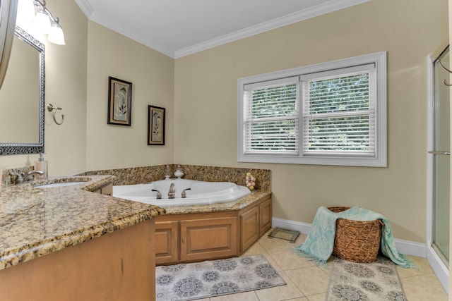 410 Anchorage, Inman, SC 29349 - full bath featuring vanity, a garden tub, a shower stall, crown molding, and tile patterned floors
