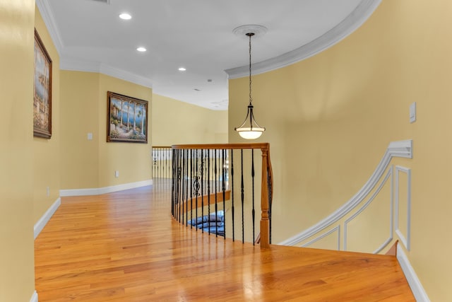 410 Anchorage, Inman, SC 29349 - hallway featuring an upstairs landing, crown molding, wood finished floors, and recessed lighting