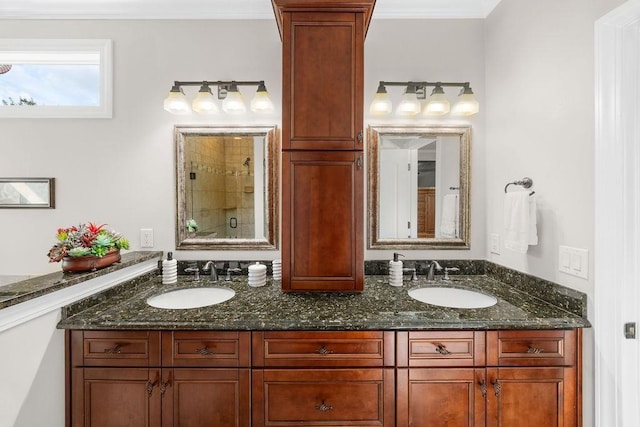 325 Reflection, Lyman, SC 29365 - full bathroom with double vanity, a tile shower, and ornamental molding