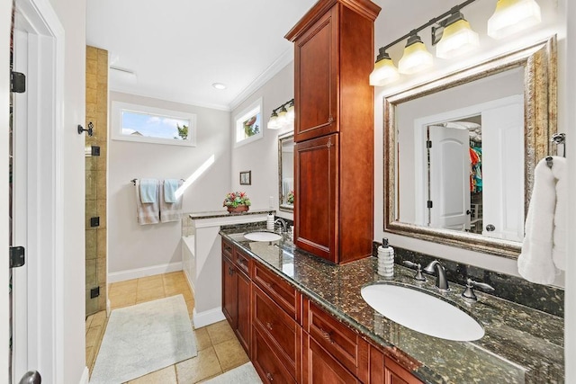 325 Reflection, Lyman, SC 29365 - full bath featuring a stall shower, a bath, double vanity, tile patterned flooring, and crown molding