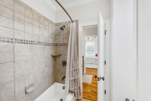 325 Reflection, Lyman, SC 29365 - bathroom featuring shower / bath combination with curtain, crown molding, and wood finished floors