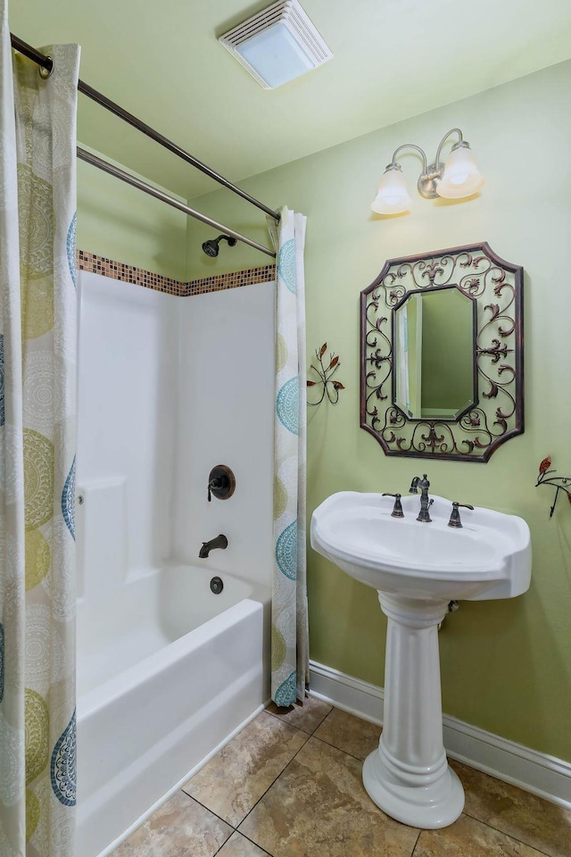 387 Goodview, Hendersonville, NC 28792 - bathroom featuring shower / tub combo with curtain and tile patterned flooring
