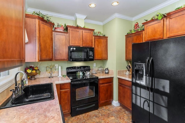 387 Goodview, Hendersonville, NC 28792 - kitchen with black appliances, light countertops, brown cabinets, ornamental molding, and recessed lighting