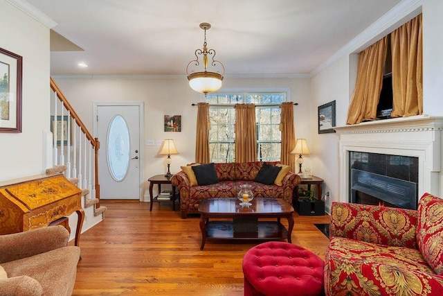 387 Goodview, Hendersonville, NC 28792 - living room with stairs, wood finished floors, ornamental molding, a fireplace, and recessed lighting