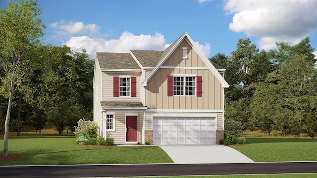 1079 Cleveland Mdws, Spartanburg, SC 29303 - view of front of house with board and batten siding, a garage, concrete driveway, and a front lawn