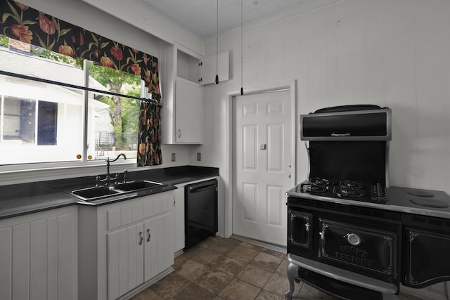 283 Hydrick, Spartanburg, SC 29306 - kitchen with black appliances, dark countertops, white cabinets, ornamental molding, and dark stone finish flooring