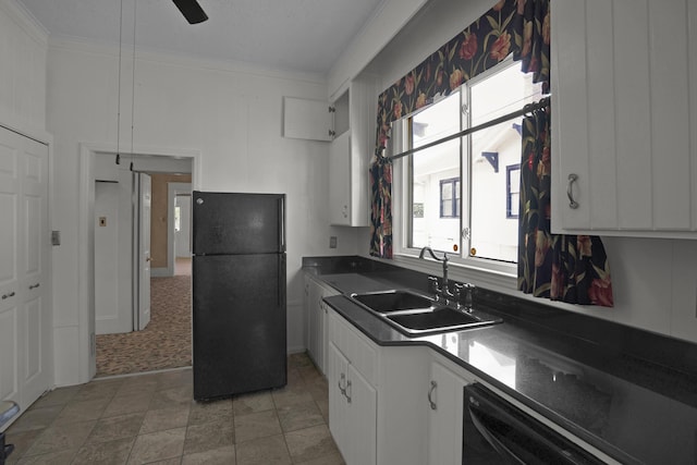 283 Hydrick, Spartanburg, SC 29306 - kitchen with black appliances, crown molding, white cabinetry, dark countertops, and ceiling fan