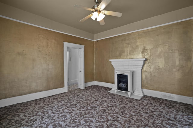 283 Hydrick, Spartanburg, SC 29306 - unfurnished living room featuring a ceiling fan and a fireplace