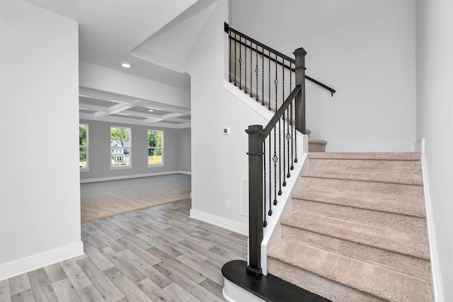 913 Wild Pne, Duncan, SC 29334 - staircase with coffered ceiling, recessed lighting, wood finished floors, and beam ceiling