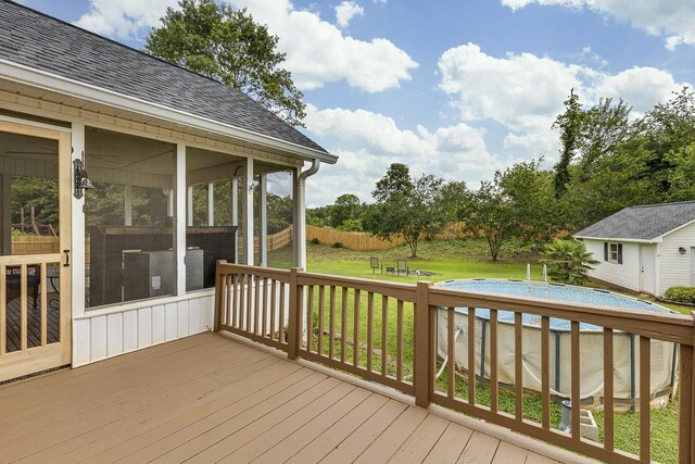 409 Cresthaven, Boiling Springs, SC 29316 - wooden terrace with a sunroom, a lawn, and an outbuilding