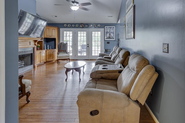 409 Cresthaven, Boiling Springs, SC 29316 - living room with a ceiling fan, light wood-style flooring, a fireplace, and french doors