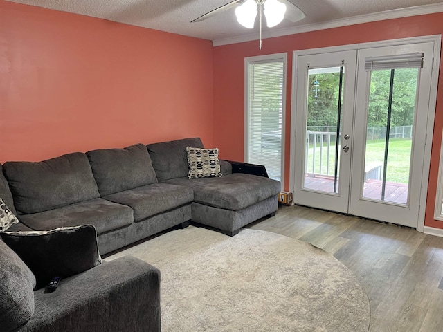 511 El Bethel Rd, Gaffney, SC 29340 - living area with french doors, light wood finished floors, a ceiling fan, and ornamental molding