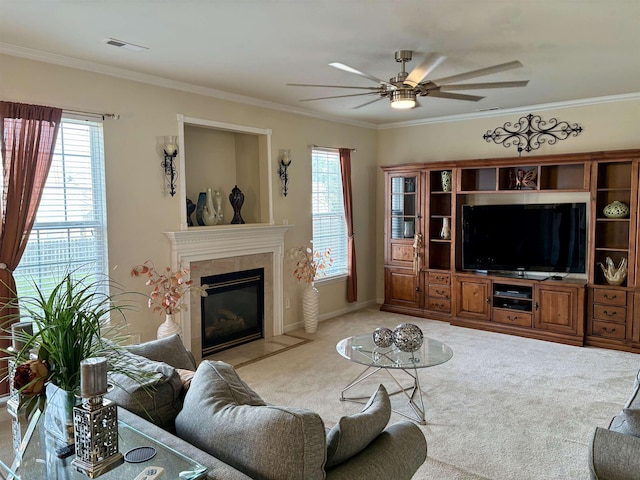 105 Pimmitt Run, Moore, SC 29369 - living room featuring ceiling fan, light carpet, crown molding, and a tile fireplace