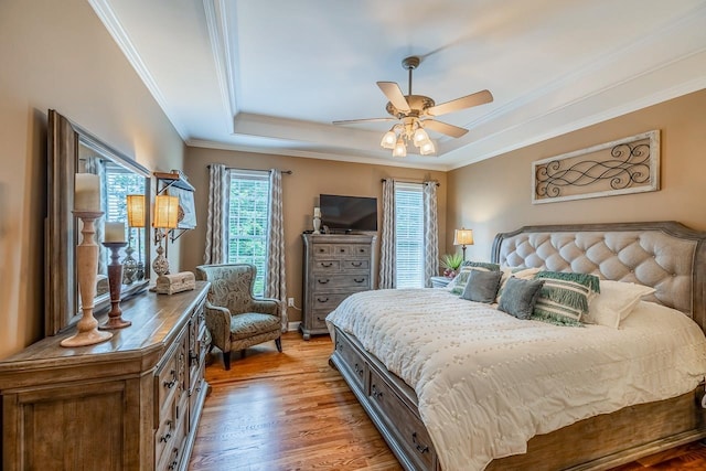 228 Antrim, Moore, SC 29369 - bedroom with a tray ceiling, crown molding, light wood-style floors, and a ceiling fan