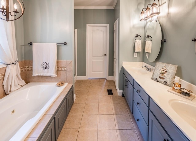 228 Antrim, Moore, SC 29369 - bathroom featuring double vanity, a tub with jets, a stall shower, crown molding, and tile patterned flooring