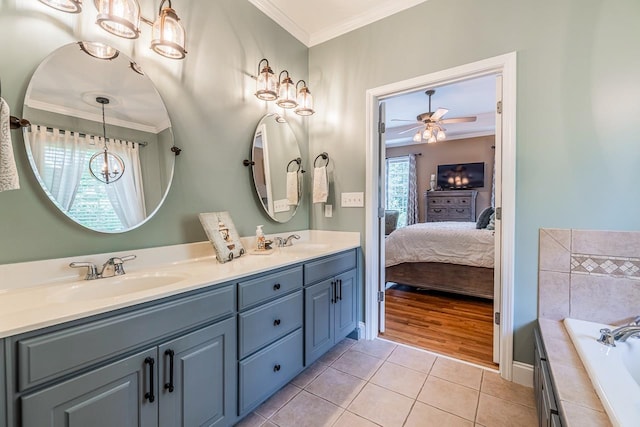 228 Antrim, Moore, SC 29369 - bathroom with ornamental molding, double vanity, tile patterned flooring, ceiling fan, and ensuite bathroom