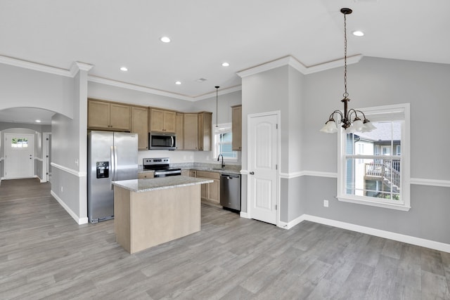 292 Long Br, Chesnee, SC 29323 - kitchen with appliances with stainless steel finishes, arched walkways, a center island, a chandelier, and light wood-style floors
