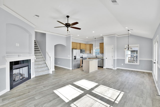 292 Long Br, Chesnee, SC 29323 - unfurnished living room with ceiling fan, stairway, lofted ceiling, recessed lighting, and a tiled fireplace