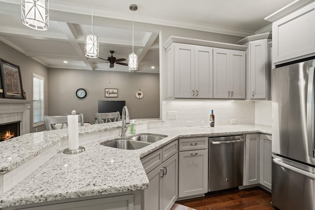 203 Piper Gln, Inman, SC 29349 - kitchen with stainless steel appliances, ceiling fan, dark wood-style flooring, coffered ceiling, and a warm lit fireplace