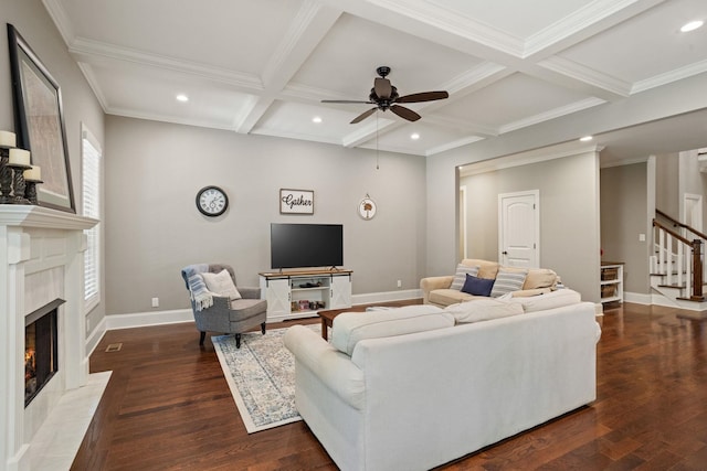 203 Piper Gln, Inman, SC 29349 - living room featuring a fireplace, ceiling fan, stairway, recessed lighting, and coffered ceiling