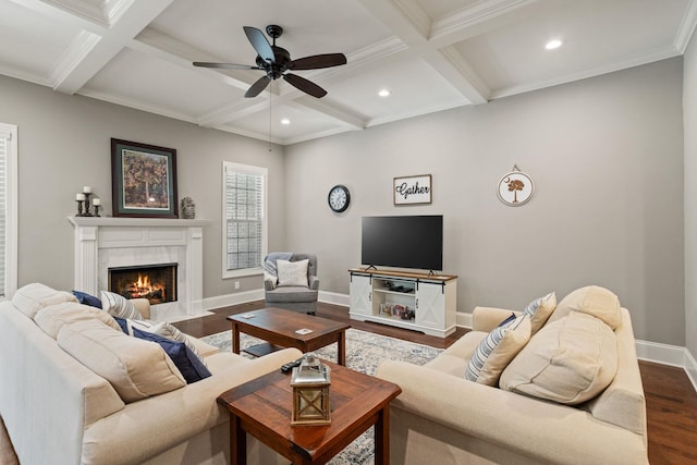 203 Piper Gln, Inman, SC 29349 - living area featuring coffered ceiling, dark wood-style flooring, a ceiling fan, beam ceiling, and recessed lighting
