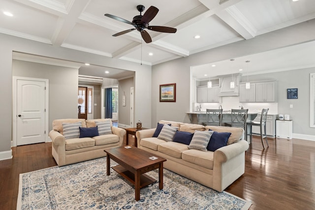203 Piper Gln, Inman, SC 29349 - living room featuring ceiling fan, coffered ceiling, dark wood-style flooring, ornamental molding, and beamed ceiling