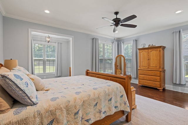 203 Piper Gln, Inman, SC 29349 - bedroom featuring multiple windows, dark wood-style floors, recessed lighting, crown molding, and ceiling fan