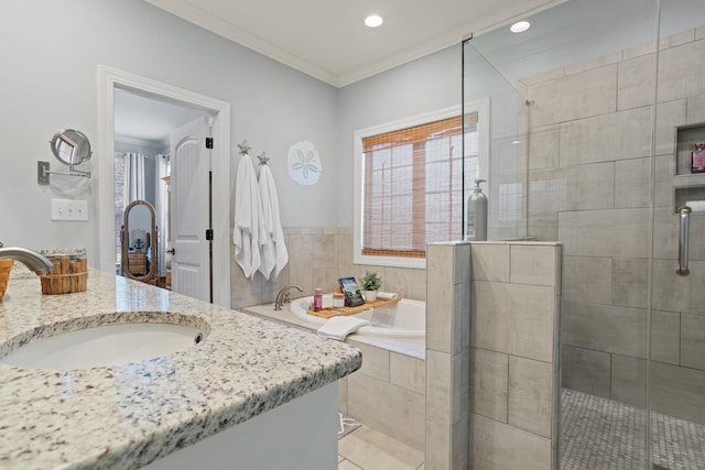 203 Piper Gln, Inman, SC 29349 - full bathroom featuring vanity, a bath, a shower stall, crown molding, and recessed lighting