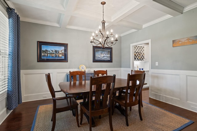203 Piper Gln, Inman, SC 29349 - dining room featuring coffered ceiling, wood finished floors, a decorative wall, a chandelier, and beam ceiling