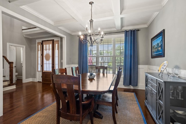 203 Piper Gln, Inman, SC 29349 - dining area with a chandelier, coffered ceiling, dark wood-type flooring, beam ceiling, and a wainscoted wall